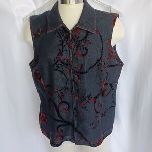 Zoe' Vest Zip Front Velvet Floral Design Black Jean, Sz 10, 21" PTP, 22" L